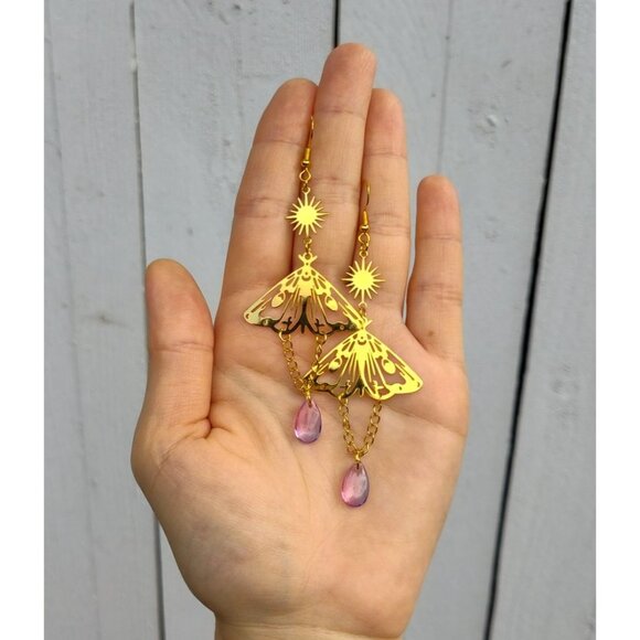 Jewelry - Gold Moth Dangle Earrings with Sun Charms and Pink Crystal Drops | Celestial